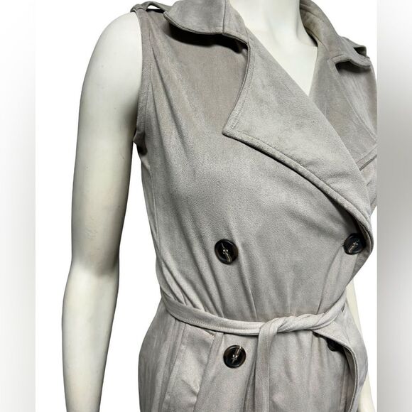 Kendall & Kylie Suede Sleeveless Robe Sweater Soft Tan Long Sweater Vest Belted - Picture 2 of 14